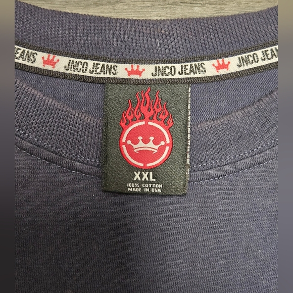 Vintage 90s Y2K Jnco Jeans Rare Flaming Ace Skull Head Navy Blue T-shirt XXL - Picture 6 of 9